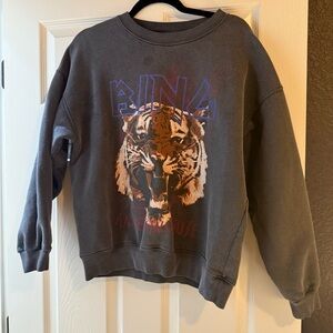 Anine Bing Charcoal Tiger Graphic Crewneck Sweater Size Medium